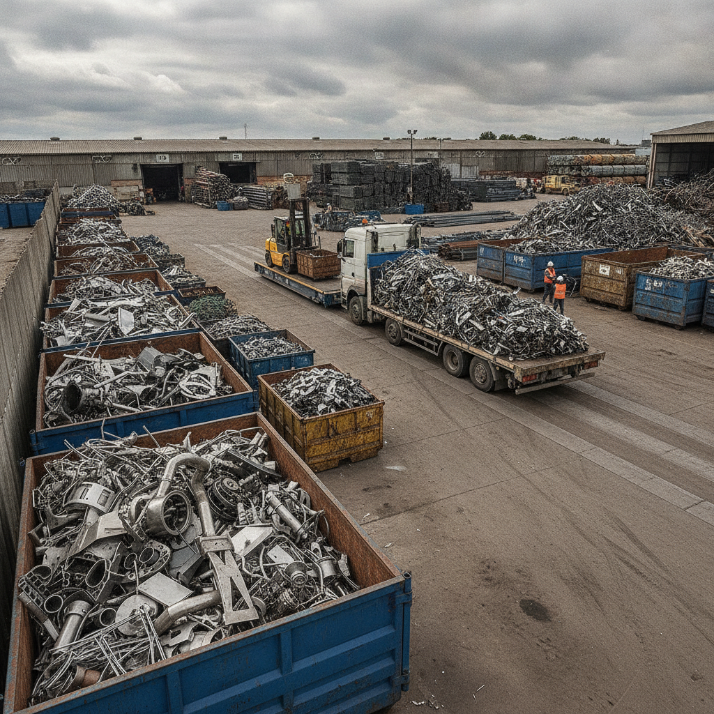 Etobicoke scrap yard overview with stainless steel loads and weigh scale, illustrating stainless steel recycling price factors