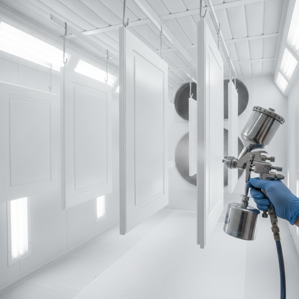 Professional spray booth for Toronto cabinet doors with even satin finish from HVLP spraying