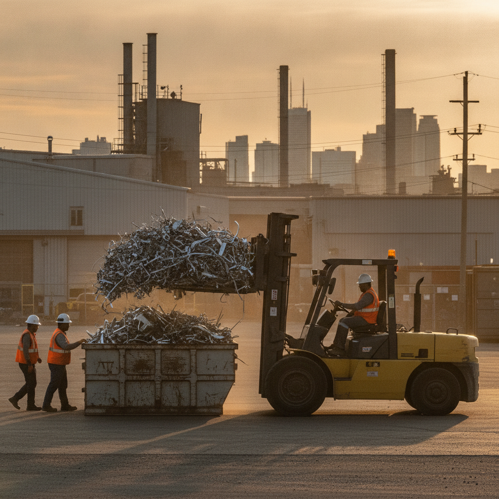 Forklift moving a bin of stainless offcuts at an Etobicoke yard, demonstrating efficient yard flow and preparation best practices