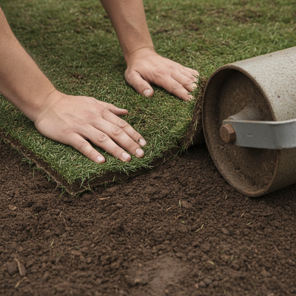 Close-up of new sod seams being aligned on prepared, moist topsoil in Mississauga, showing roots and soil texture for a precise lawn replacement