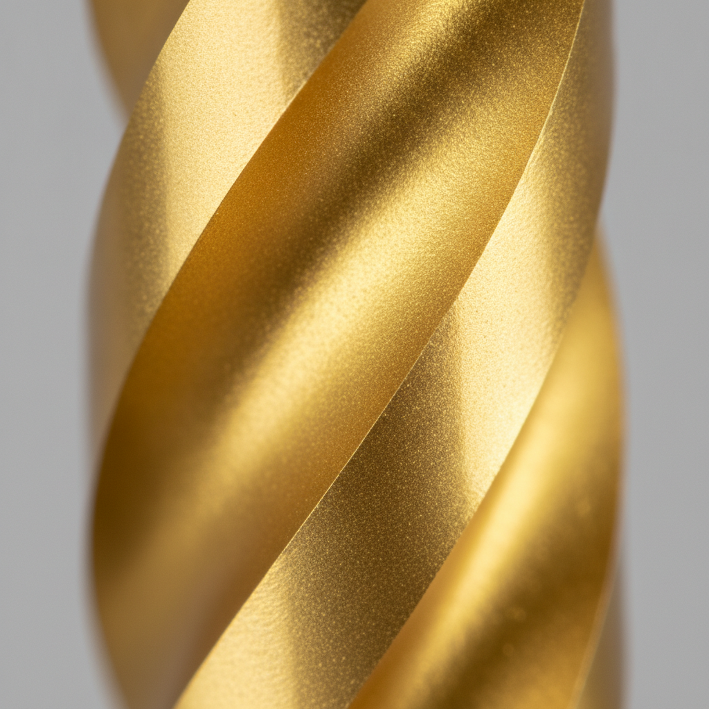 Close-up of a carbide end mill with golden TiN PVD coating showing crisp edges and uniform thin film on cutting flutes for wear resistance