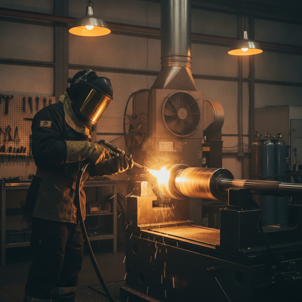 Technician operating a Pulsed HVOF thermospray torch applying a protective coating to a large cylindrical shaft in an industrial workshop