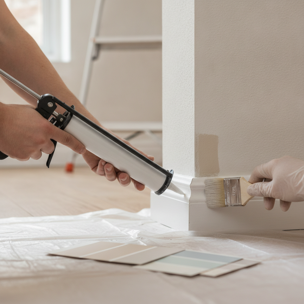 Close-up home prep: caulking baseboards and paint touch-ups for pre-listing checklist in North York
