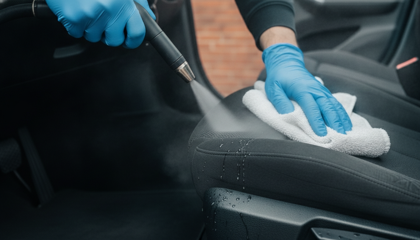 Steam sanitizing a soaked car seat and carpet during flood restoration for car interiors