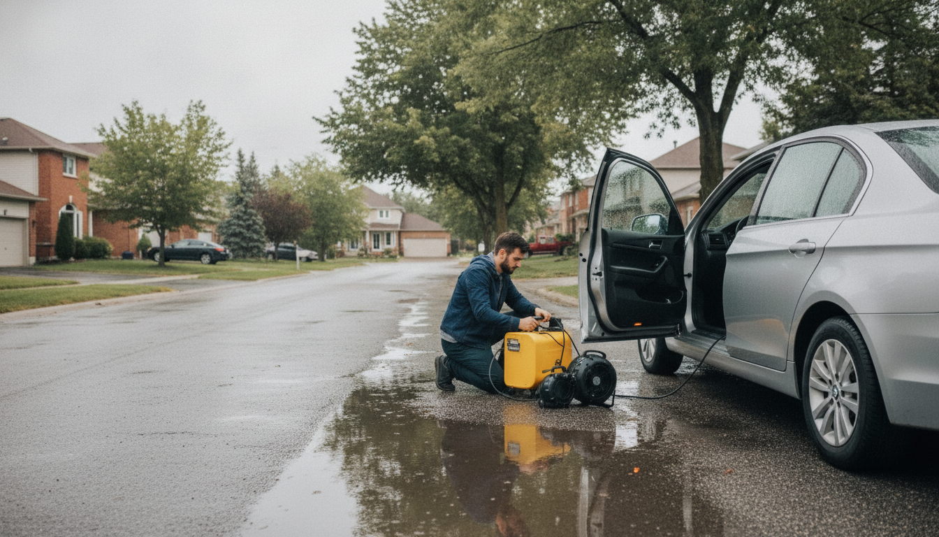 Mobile detailing team setting air movers and dehumidifier beside a flooded car in Mississauga