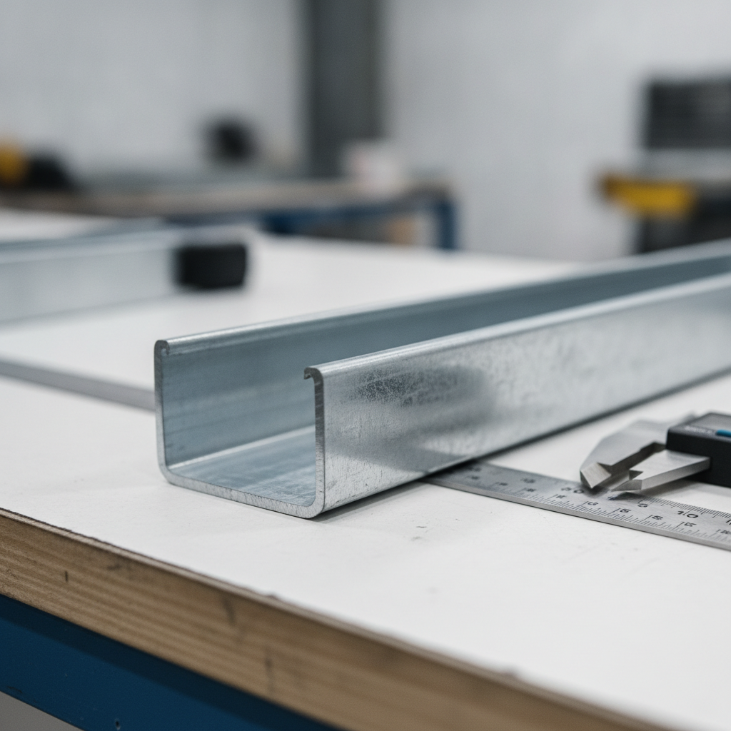 Close-up of galvanized J track profile for a j track shaft wall assembly, showing crisp receiver legs and clean edges for accurate panel capture