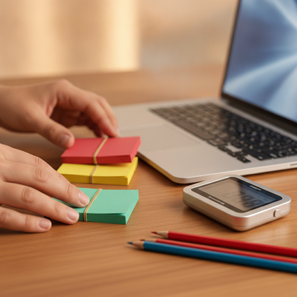 Close-up of ECBA mock exam flashcards and a timer used to plan 20–30 minute practice sprints
