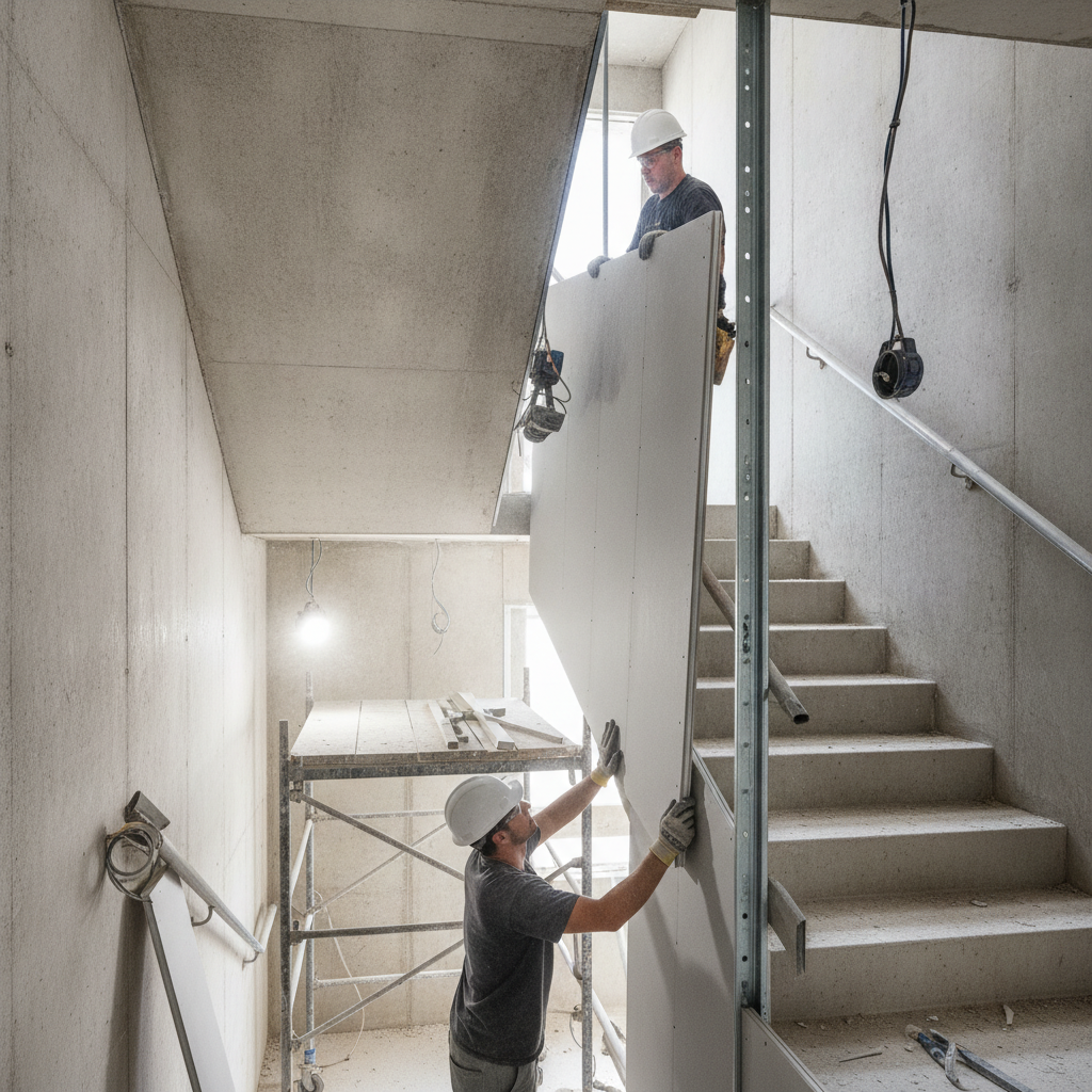 Installation scene: placing shaftliner panels into J track along a stair shaft wall, demonstrating fast, accurate receiver capture
