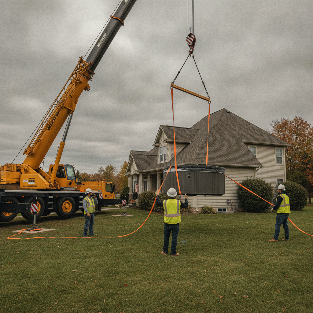 Crane lifting a hot tub over a roof using rigging slings and tag lines as crew guide the load for safe hot tub relocation