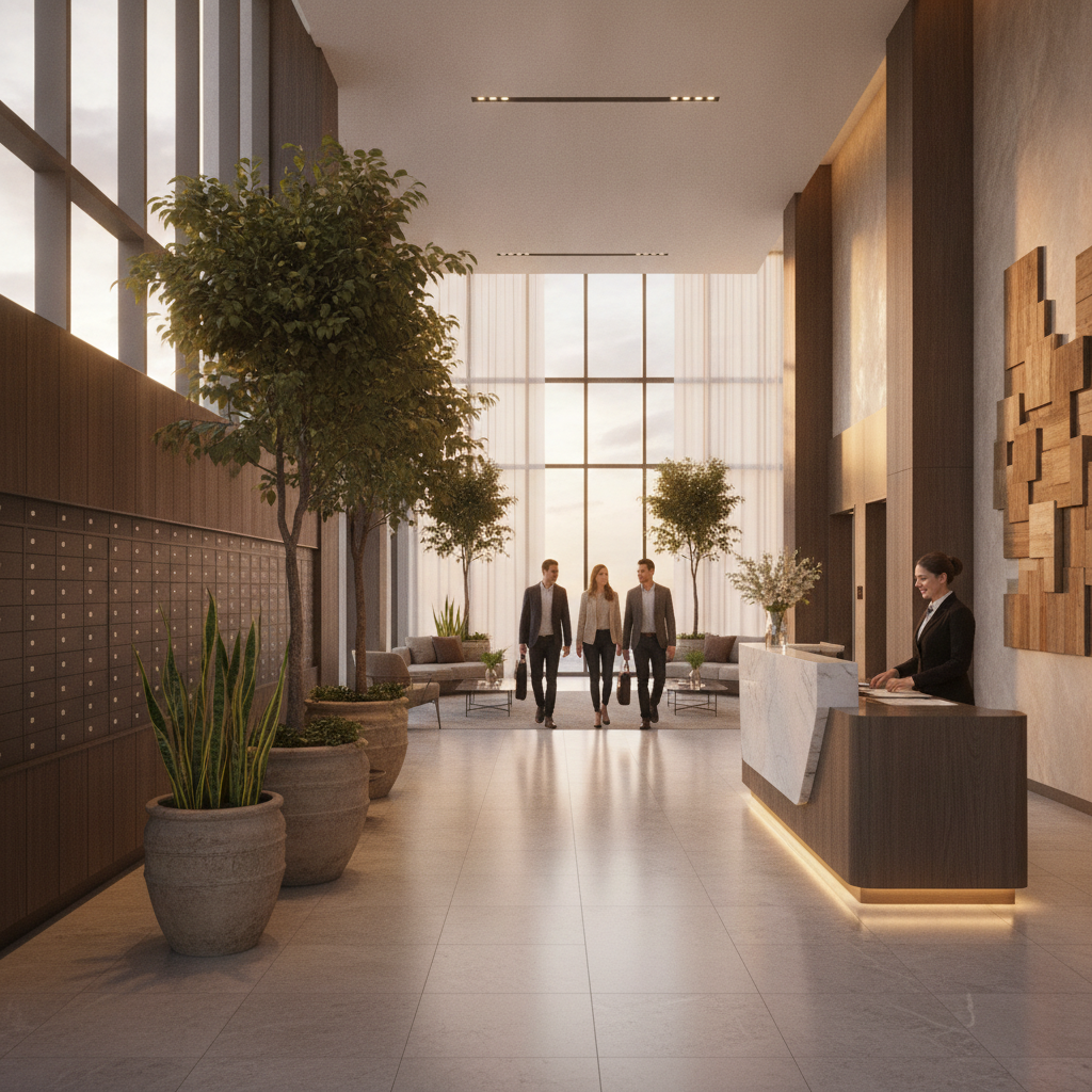 Modern condo lobby in Whitby with concierge desk and residents, illustrating common elements covered by the building policy