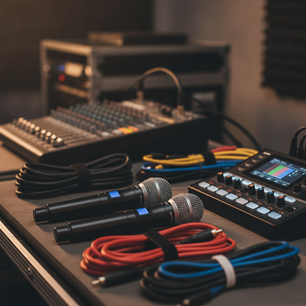 Close-up of professional event AV equipment supporting a conference room booking checklist