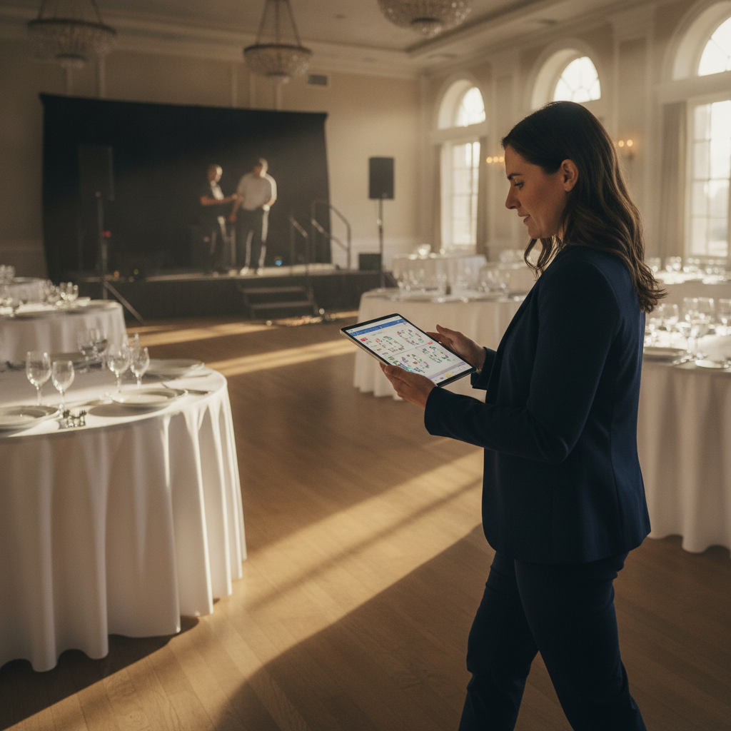 Event planner reviewing a ballroom floor plan on a tablet during conference room setup