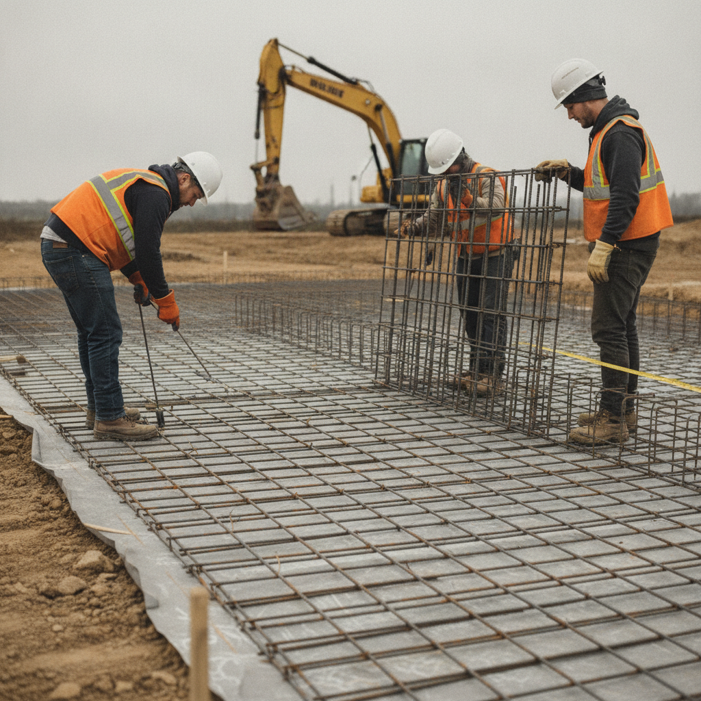 Crew placing welded wire mesh and rebar cages for slab-on-grade, showing practical application of reading rebar shop drawings