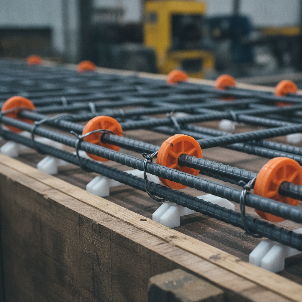 Close-up of tied reinforcing steel bars on formwork illustrating spacing, cover chairs, and wire ties for reading rebar shop drawings