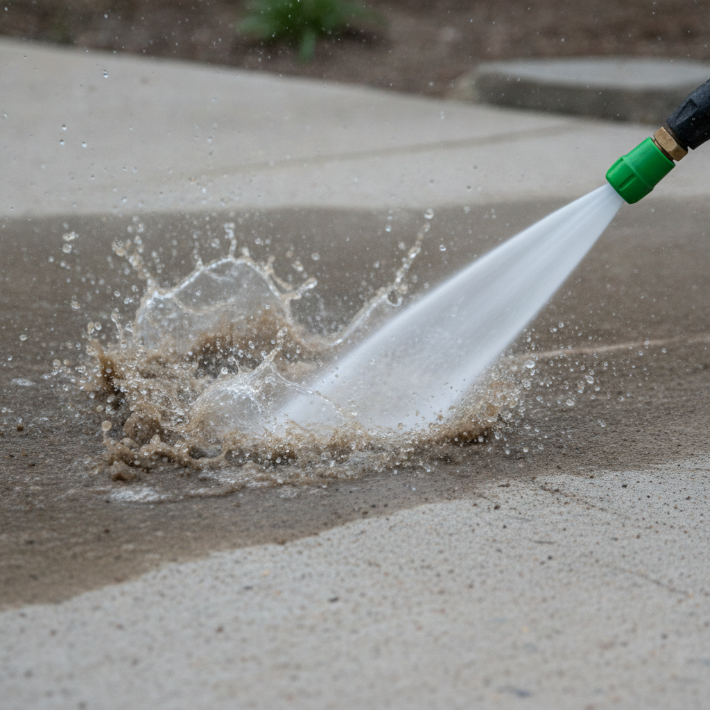 Close-up of a professional pressure washer fan tip lifting grime from concrete, illustrating power washing per square foot planning