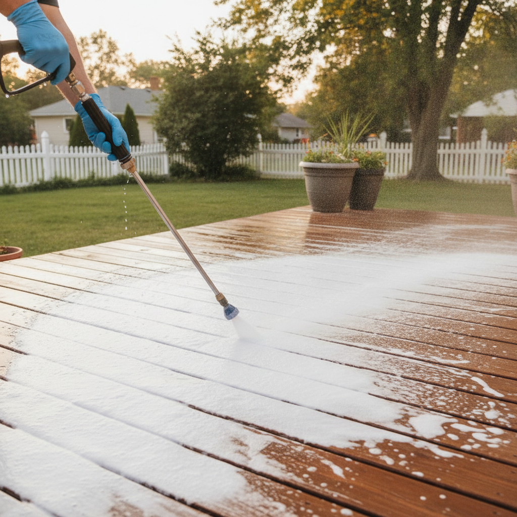 Side-angle view of a wood deck being soft-washed at low pressure, prepping the surface for sanding and deck stain