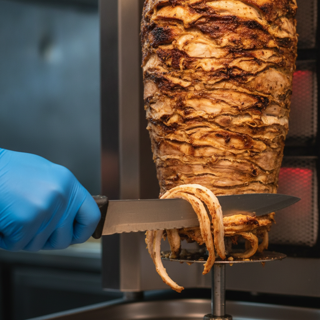 Close-up of chicken shawarma carved from a vertical rotisserie in an Old Toronto shawarma restaurant