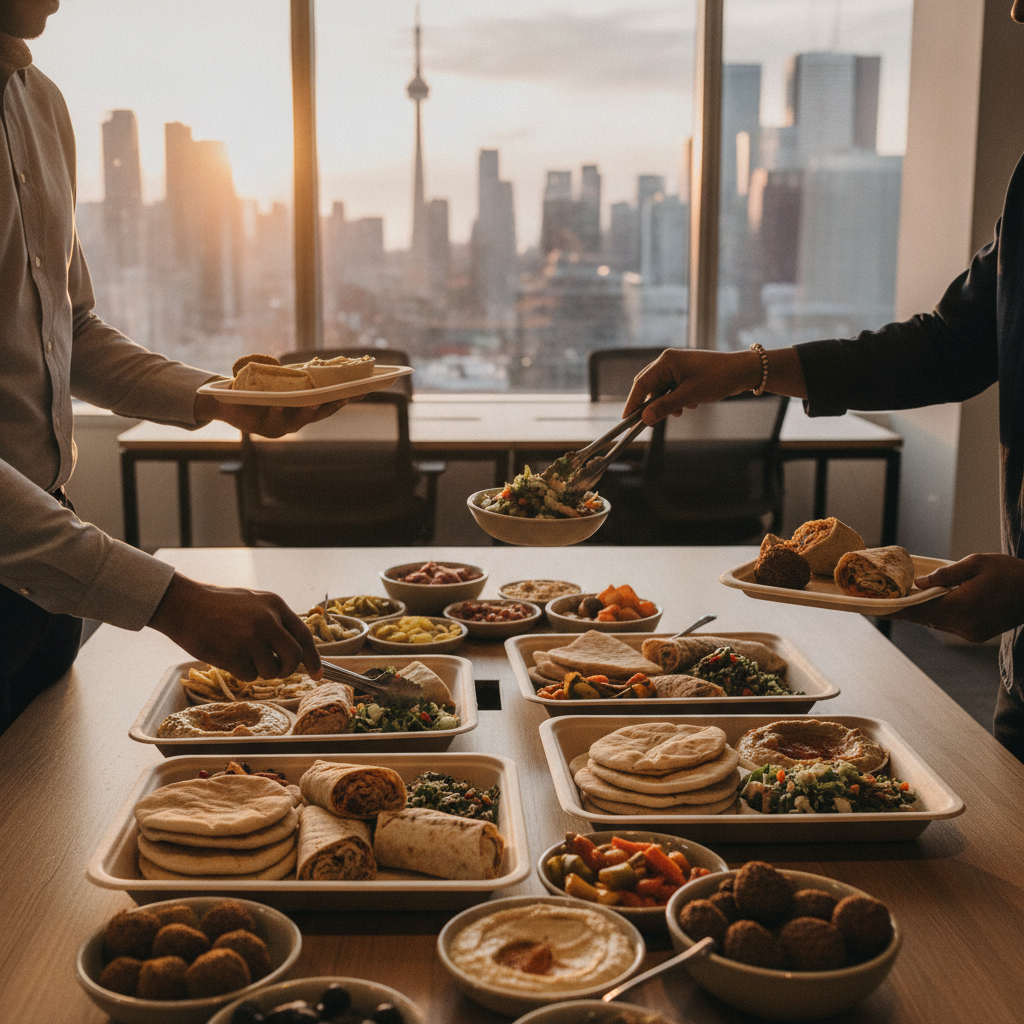 Corporate lunch buffet with shawarma wraps and mezze platters in an Old Toronto office
