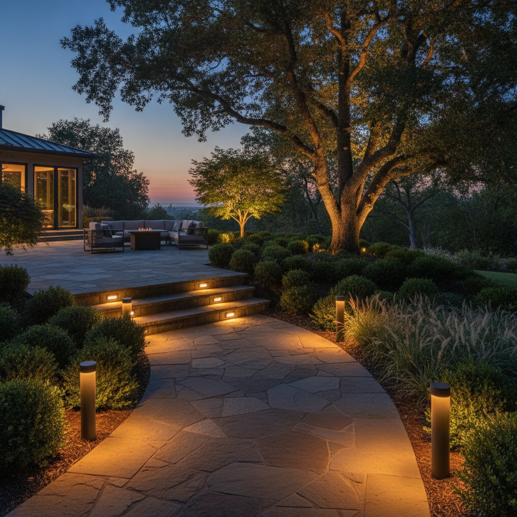 Evening backyard in Brampton with smart landscape lighting along steps, pathway bollards, and tree uplights