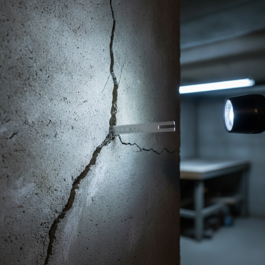 Detail of stair-step crack in poured concrete wall during foundation inspection, with gauge measuring width for repair decisions