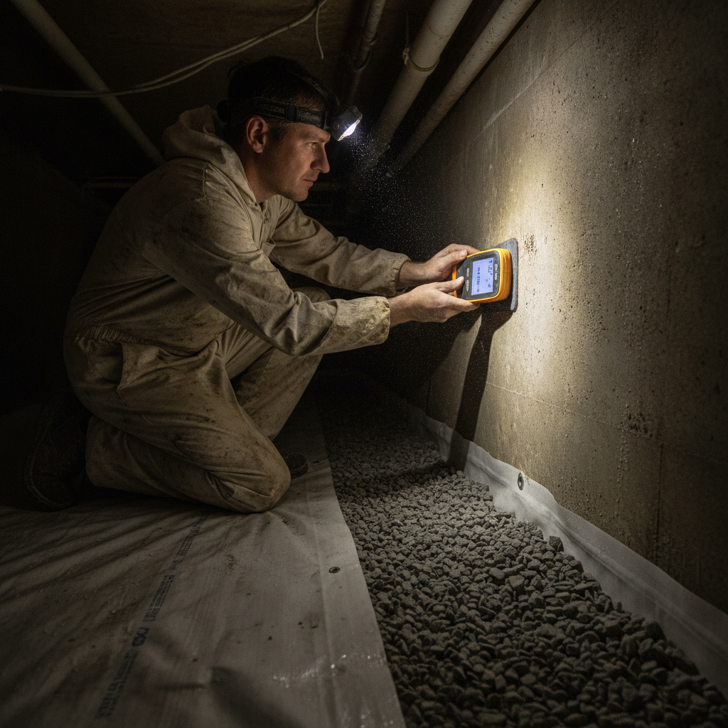 Inspector using a pinless moisture meter on a crawlspace foundation wall to verify dampness during foundation inspection