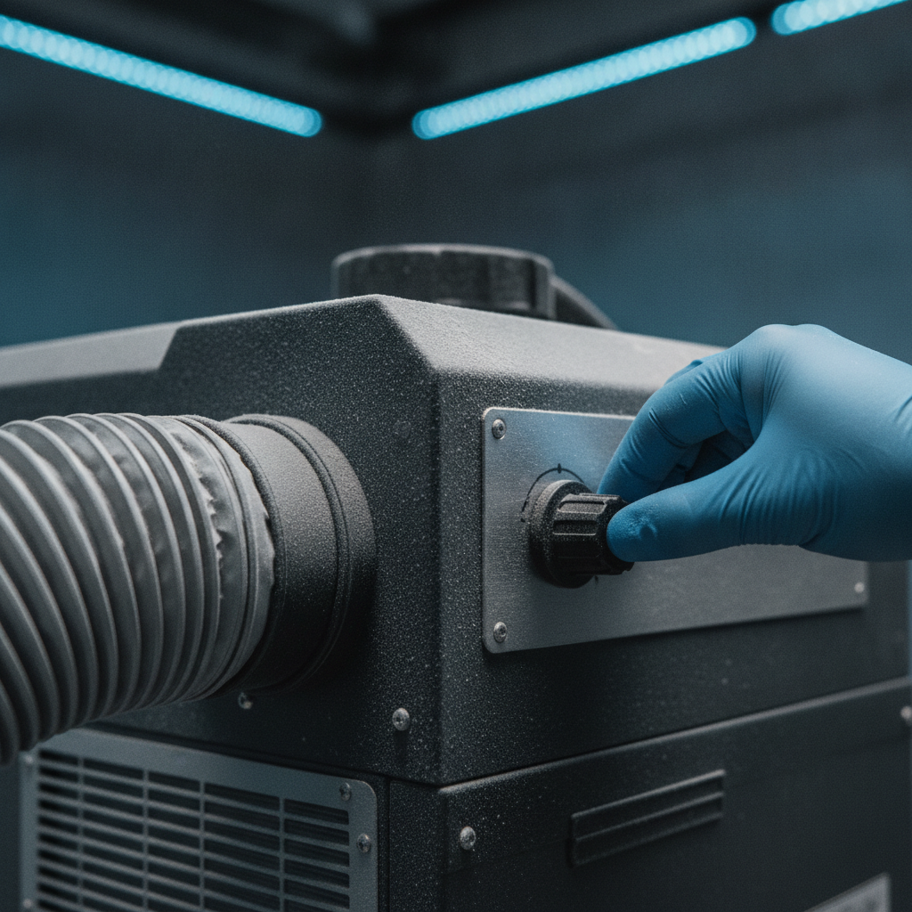 Close-up HEPA air scrubber and ducting used in a black mold removal service containment setup