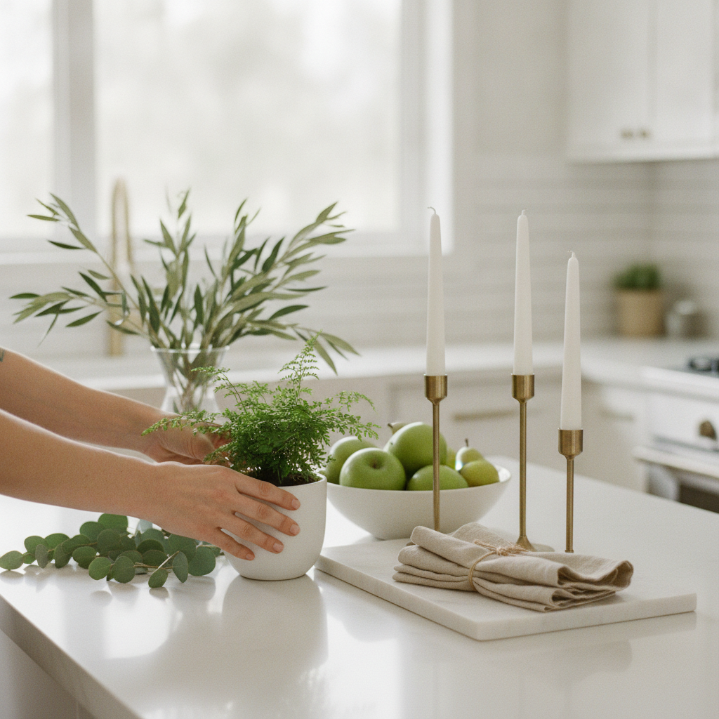 Hands staging a bright kitchen island for a real estate listing in Canada, emphasizing photo-ready detail and buyer appeal
