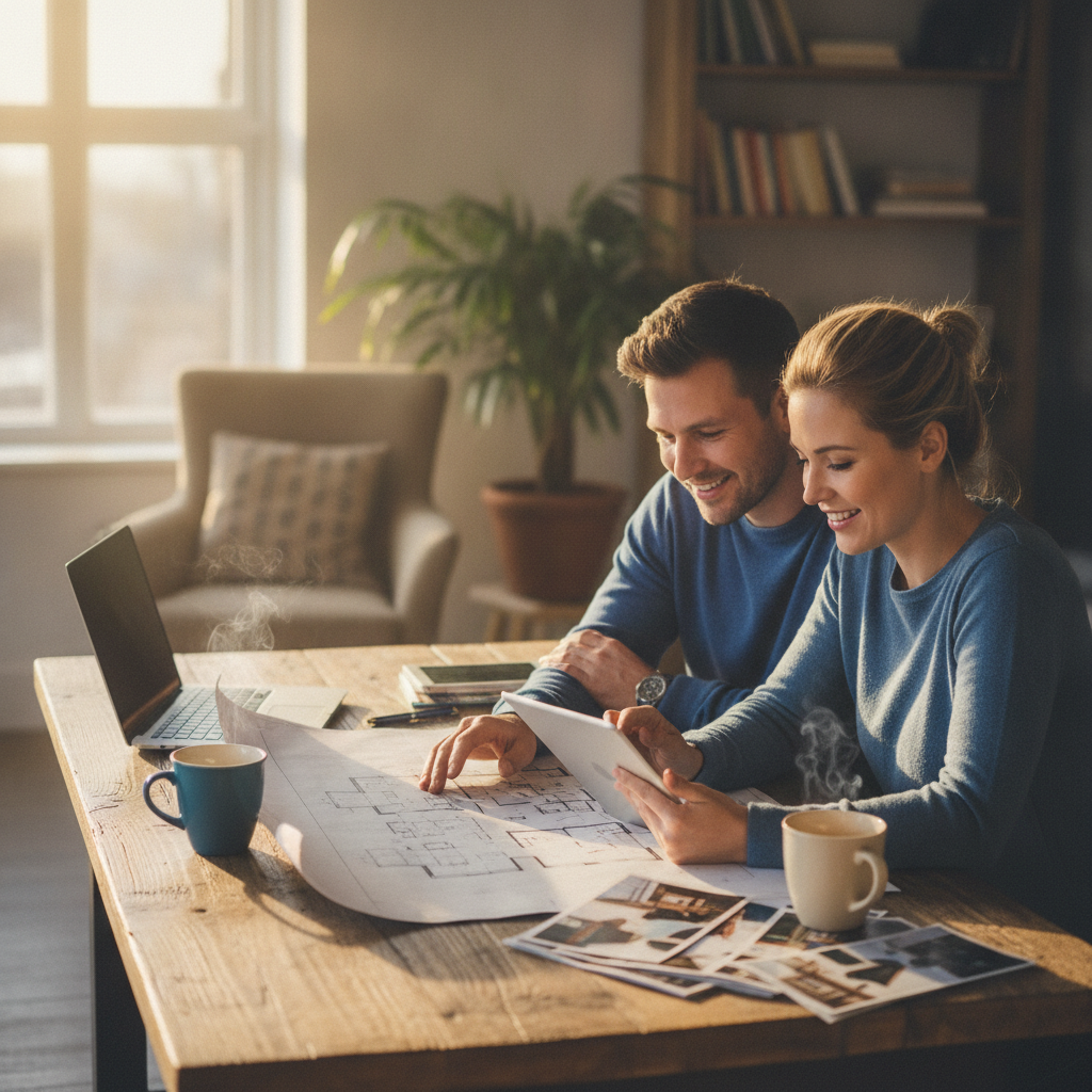Couple reviewing floor plans and property photos to prepare a strong real estate listing and showing plan