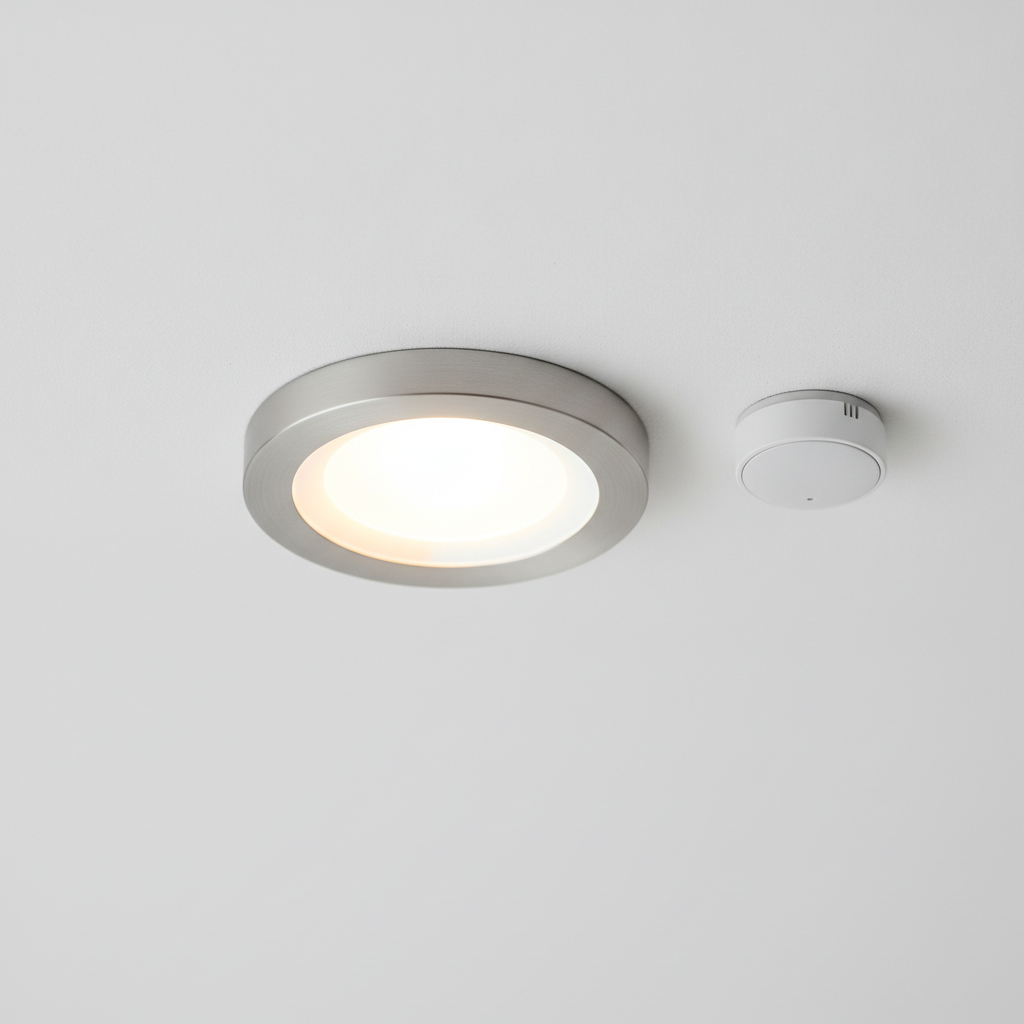 Close-up of a smart LED downlight beside a discreet occupancy sensor showing tunable white control for smart light solutions