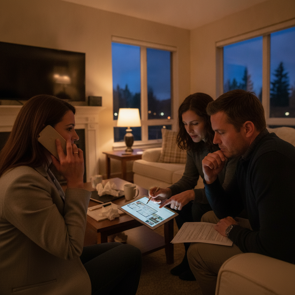 Realtor on a call while clients compare homes on a tablet, considering counteroffers and timelines in Mississauga