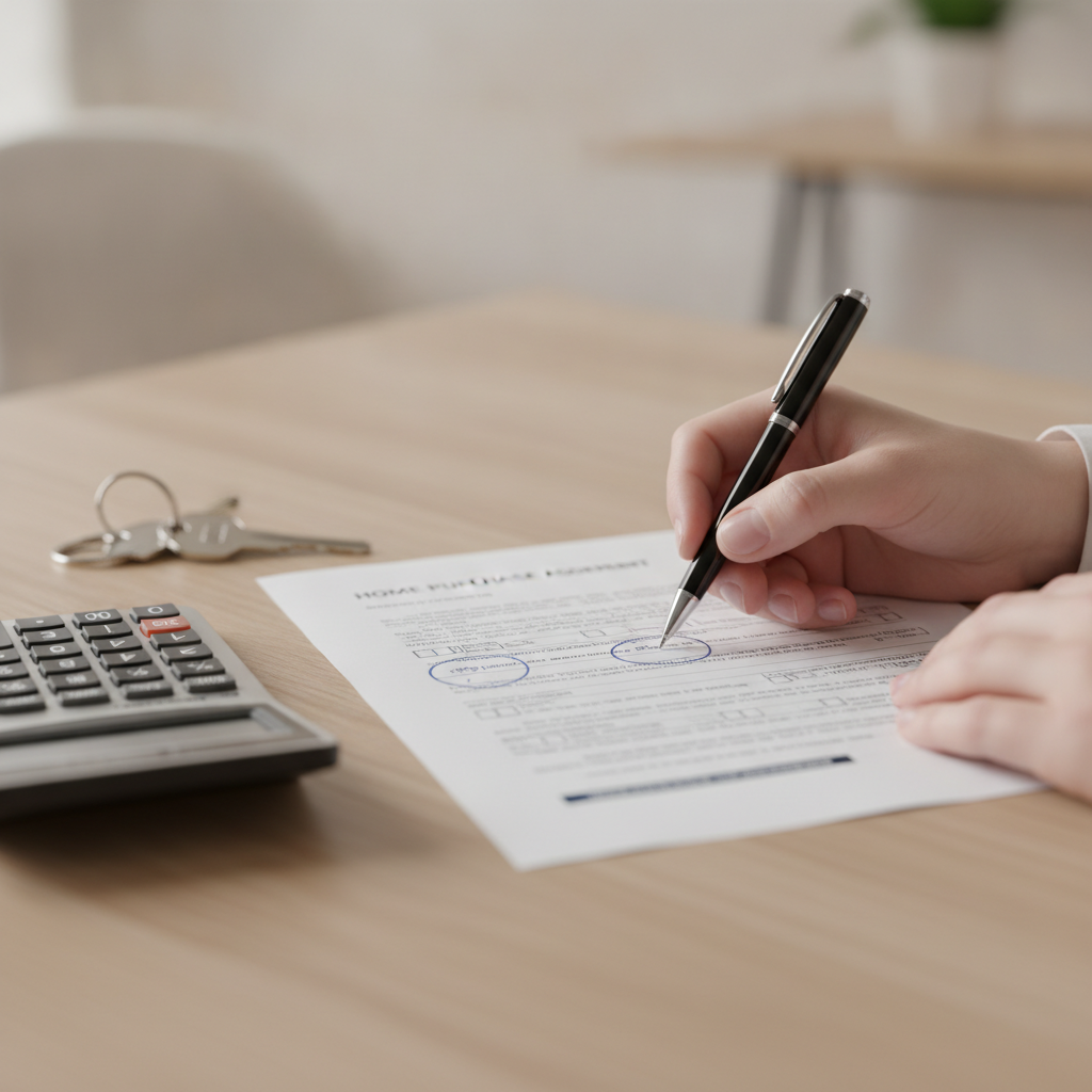 Close-up of hands marking contingencies on a home purchase agreement — how to negotiate in a real estate offer with focused conditions