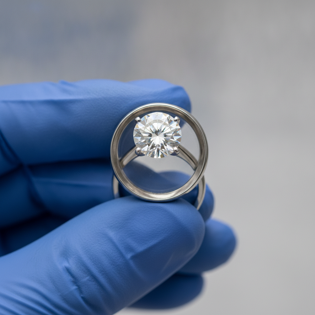 Macro view of a lab-grown diamond engagement ring under jeweler’s loupe showing prong and facet detail