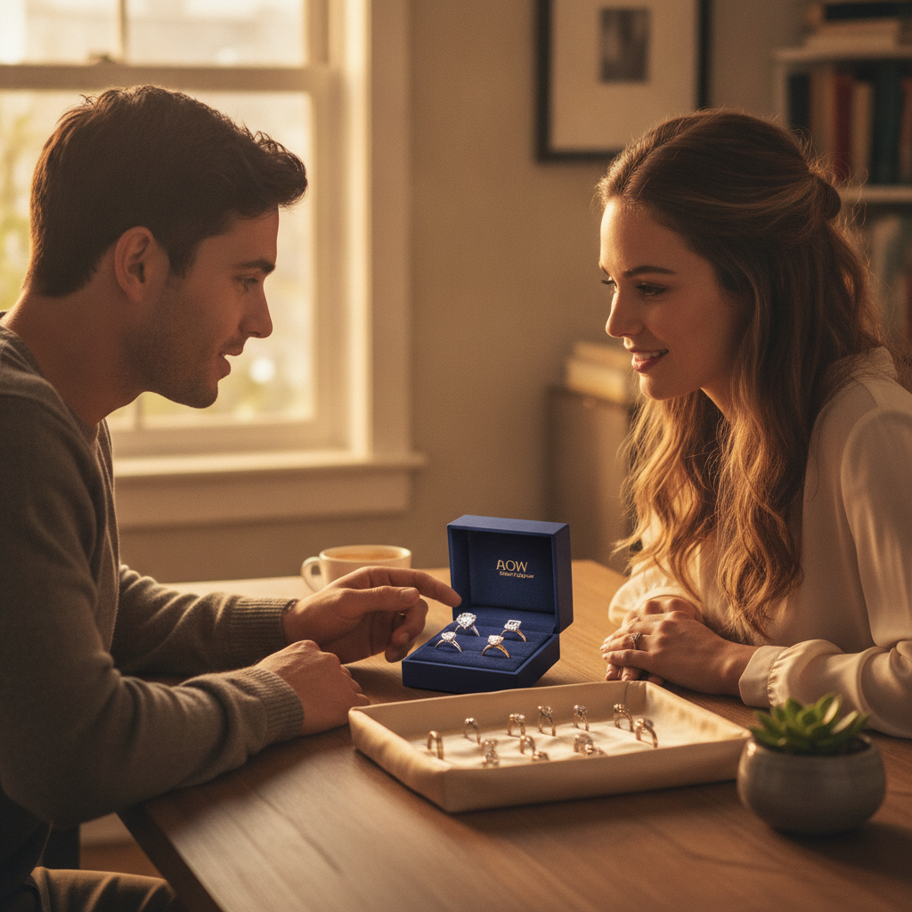 Couple comparing engagement ring settings and tray of options in warm evening light