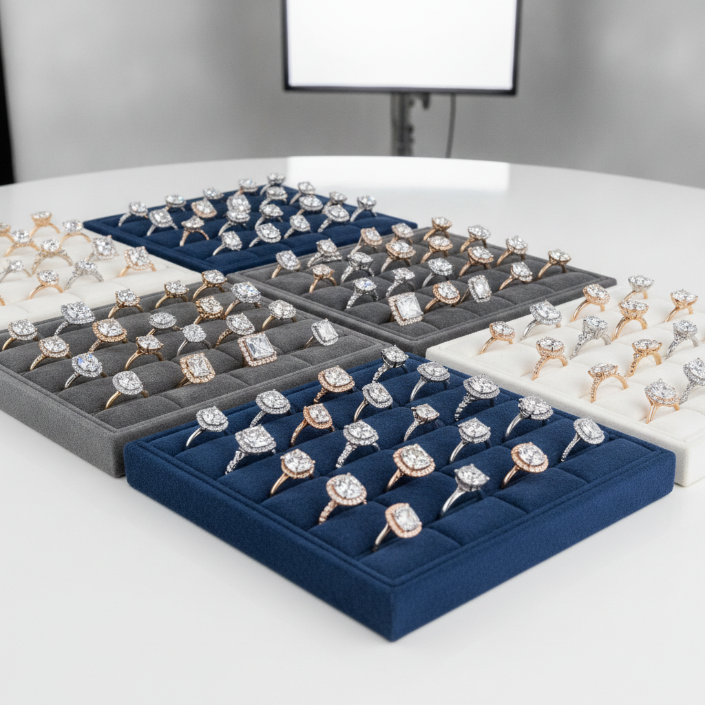 Assorted wholesale diamond engagement rings on velvet trays showing solitaire, three-stone, and halo settings in gold