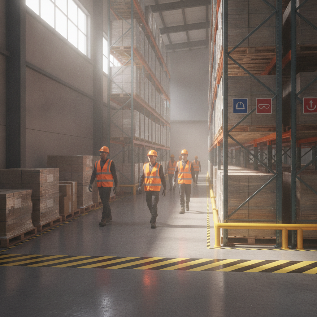 Warehouse scene with PPE and hazard floor markings illustrating safety symbols in action