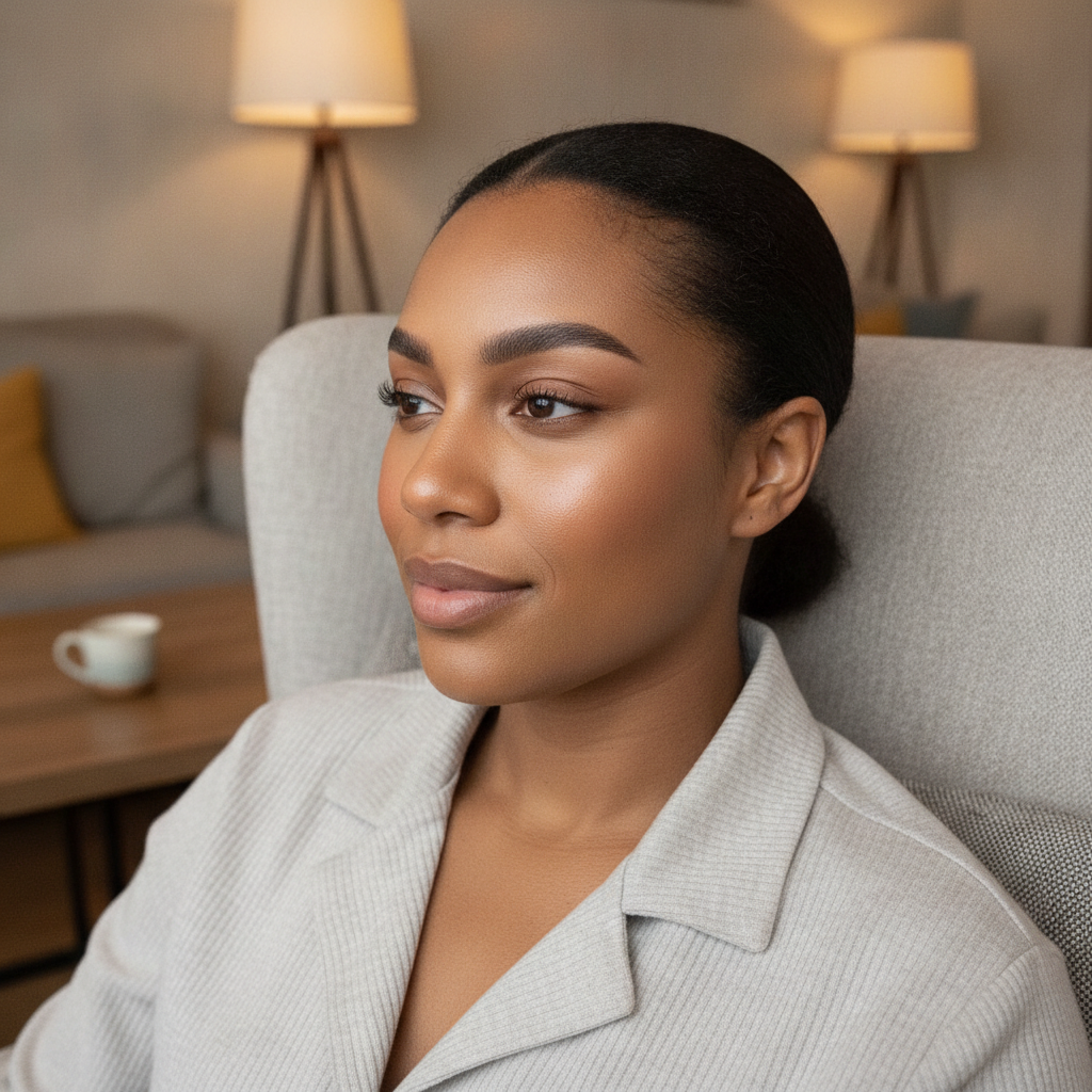 Healed ombre brows on dark skin with soft gradient from light front to defined tail