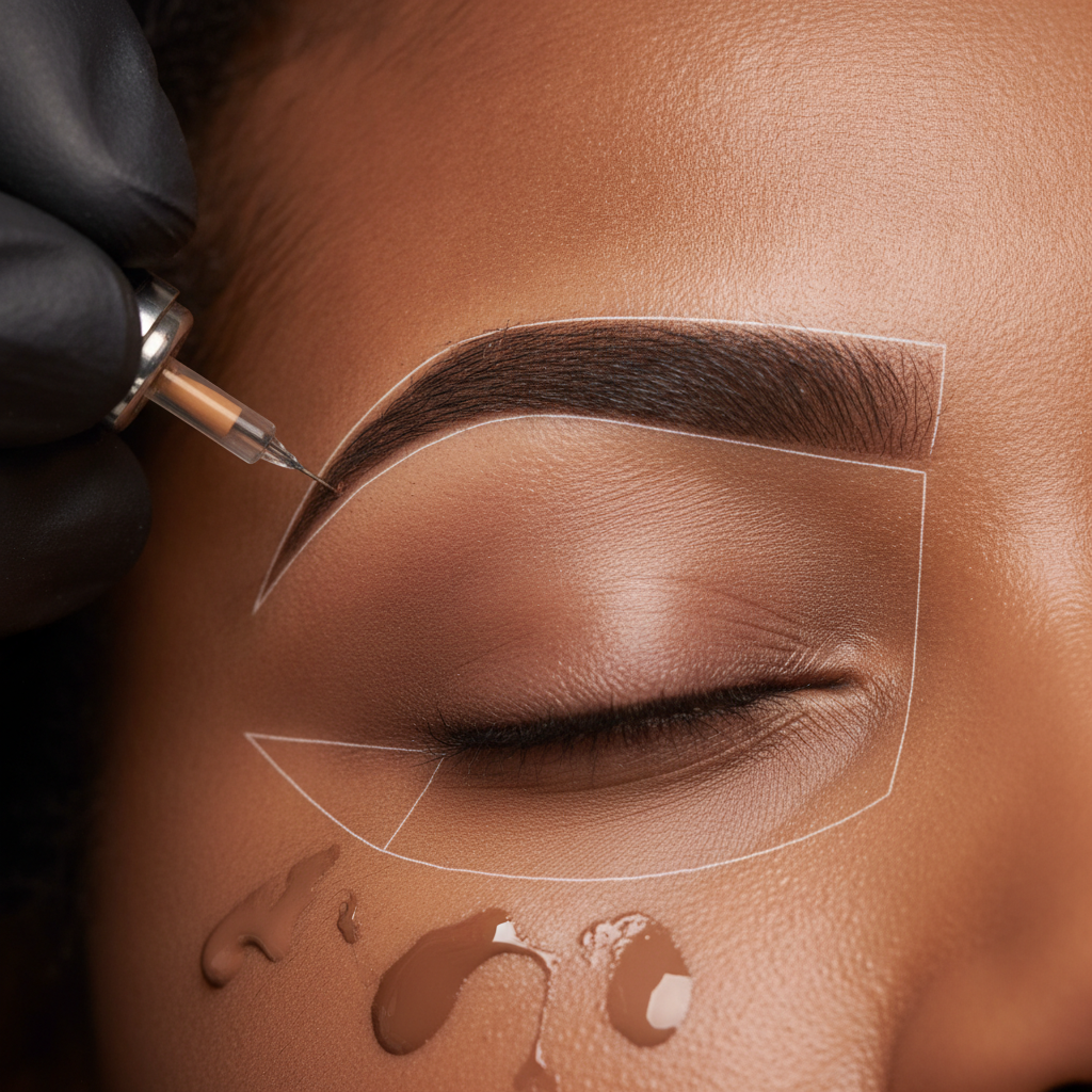 Close-up shading of ombre powder brows on dark skin with PMU machine for natural-looking brows