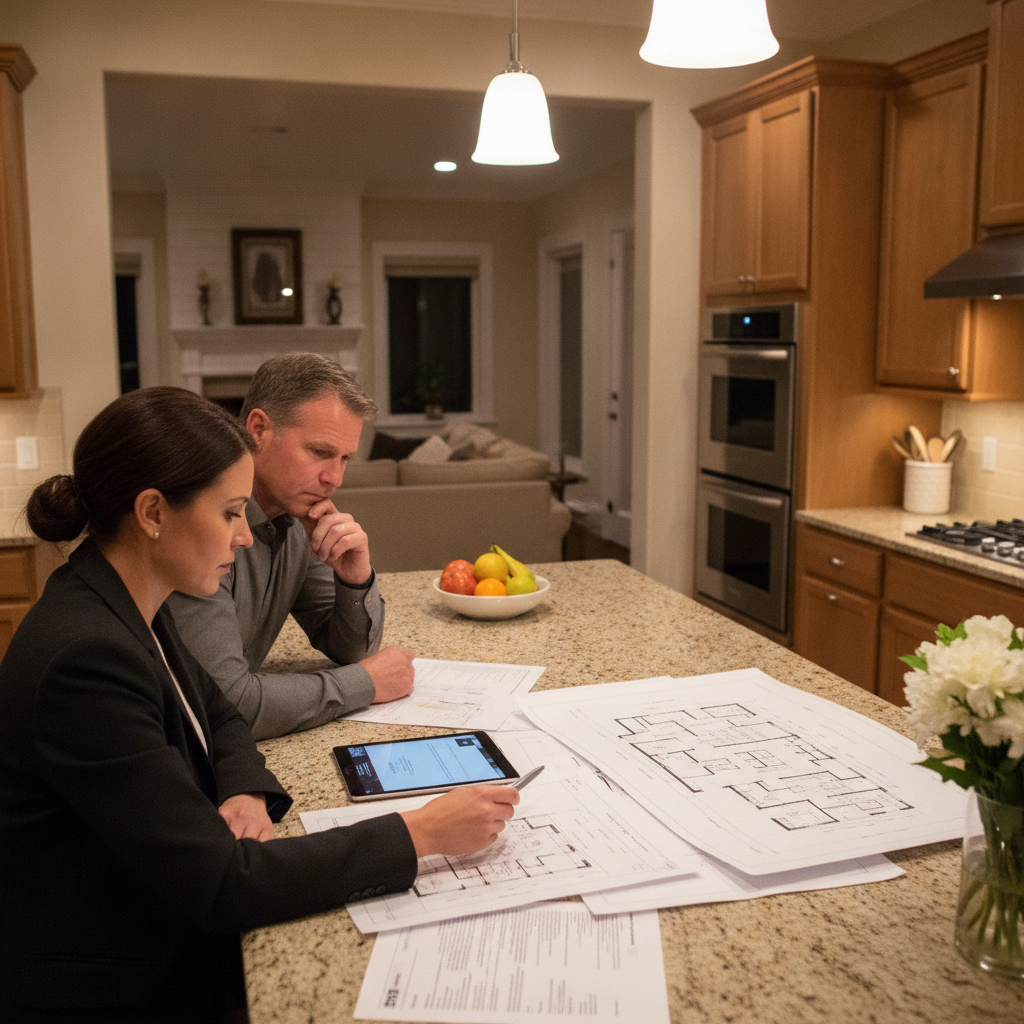 Brampton real estate agent meeting homeowners to review listing plan and paperwork at a kitchen island