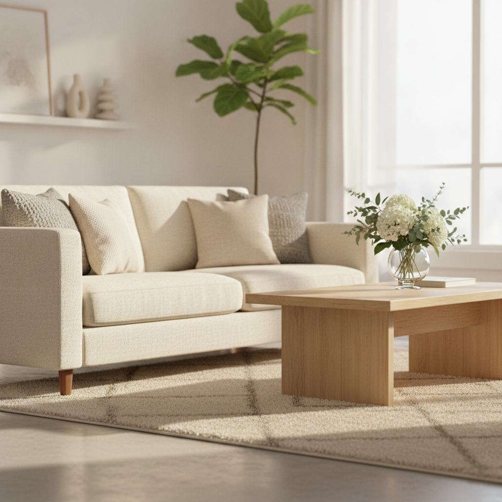 Staged Brampton living room for a fast home sale with bright neutral decor and natural light