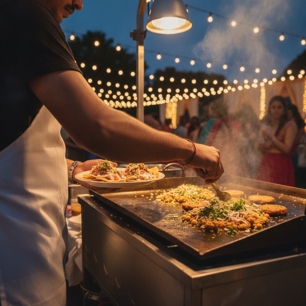 Live chaat station at a Brampton wedding catering event with papdi chaat and aloo tikki chaat, evening ambiance