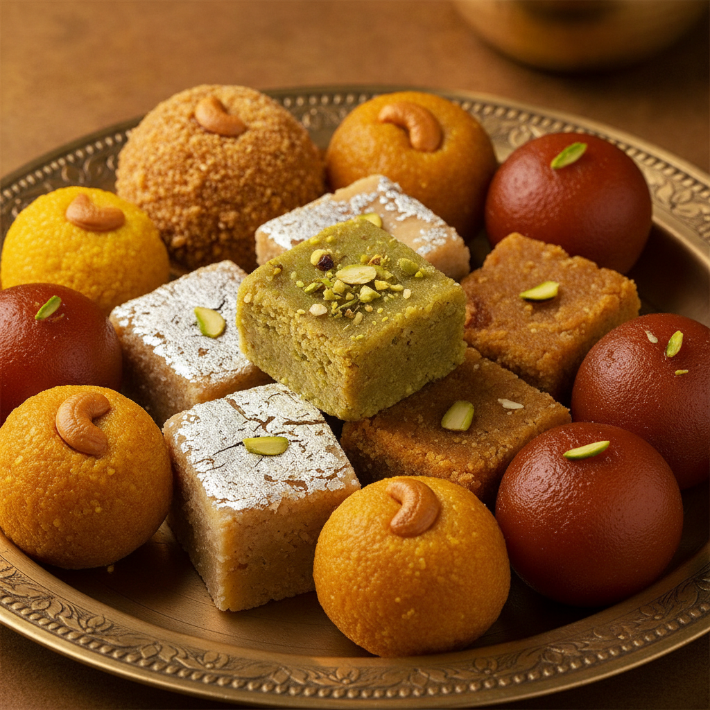 Premium desi ghee sweets for wedding catering in Brampton: close-up of barfi, ladoo, and gulab jamun on a brass platter