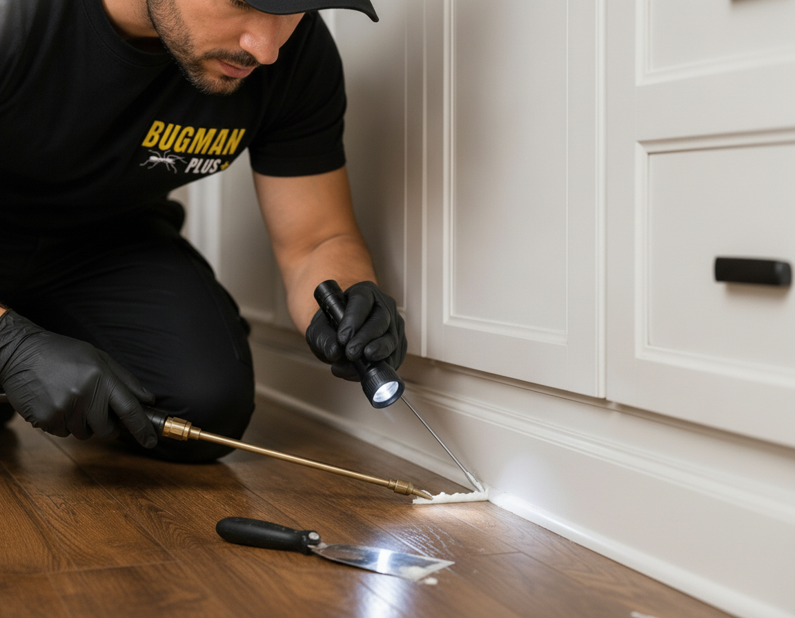 Applying silicone caulk to seal a baseboard crack as part of integrated household pest management exclusion