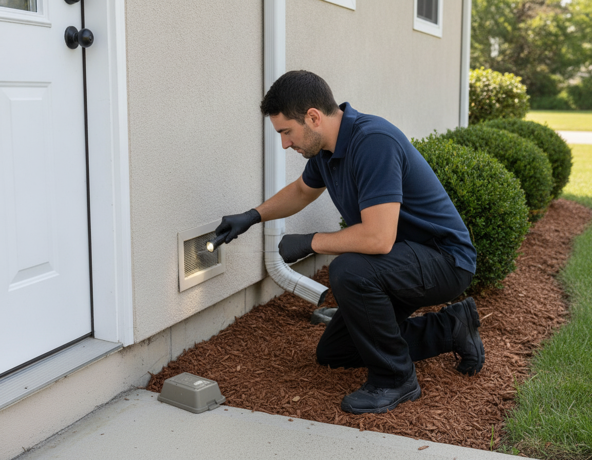 Technician inspecting a home exterior for vents, door sweeps, mulch distance, and bait station placement in an Oshawa IPM program