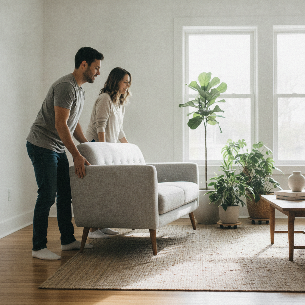 Homeowners repositioning furniture and plants to improve Vaastu Energy Score and energy flow in a bright Brampton living room
