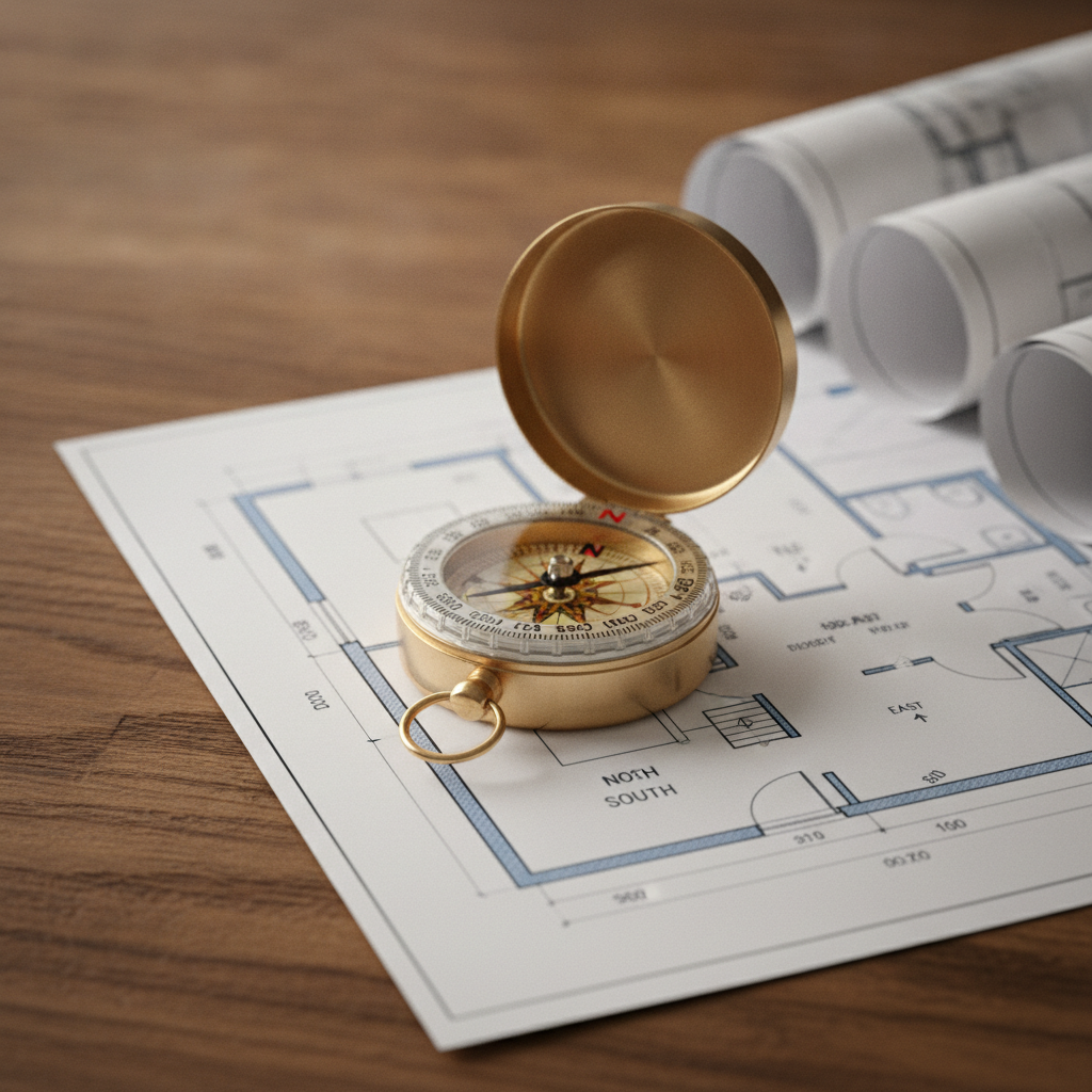 Close-up of a brass compass on a house floor plan illustrating Vaastu orientation and directions for Vaastu Energy Score analysis
