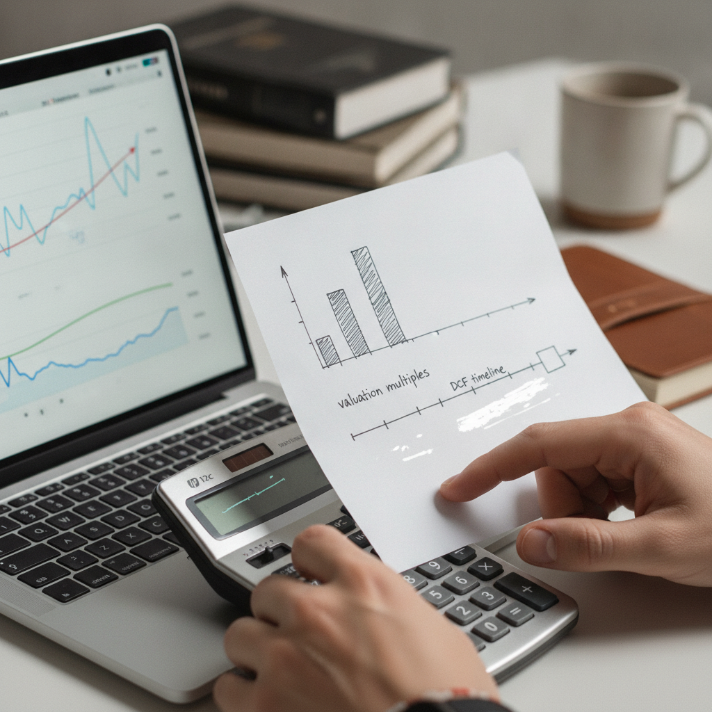 Close-up workspace illustrating valuation modeling for equity research reports with DCF and multiples, reinforcing structured analysis and risk controls