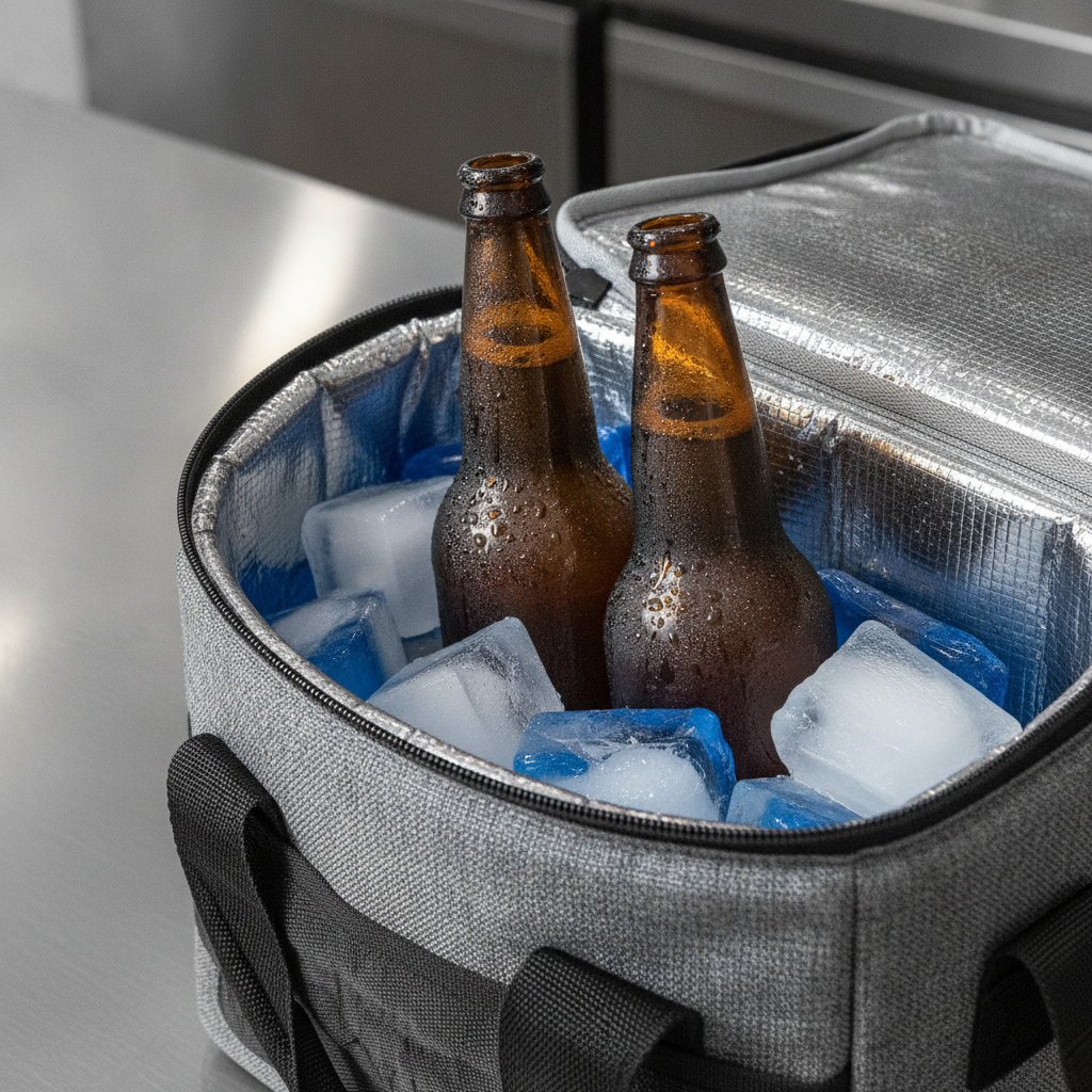Chilled beer bottles in an insulated cooler bag for alcohol home delivery in Calgary