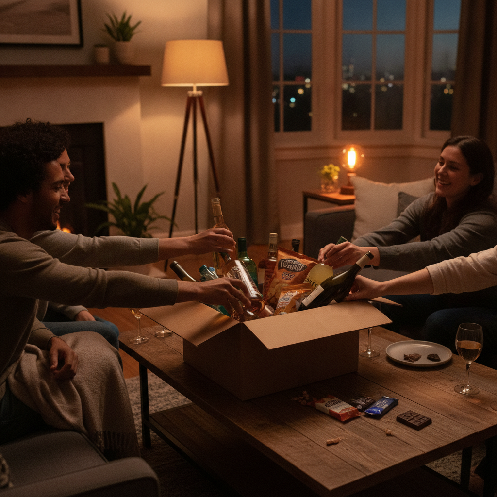 Friends opening an alcohol home delivery with wine, spirits, mixers, and snacks in a cozy Calgary living room