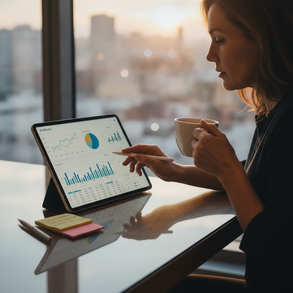 Investor reviewing a diversified portfolio dashboard to connect equity research reports with position sizing and risk monitoring