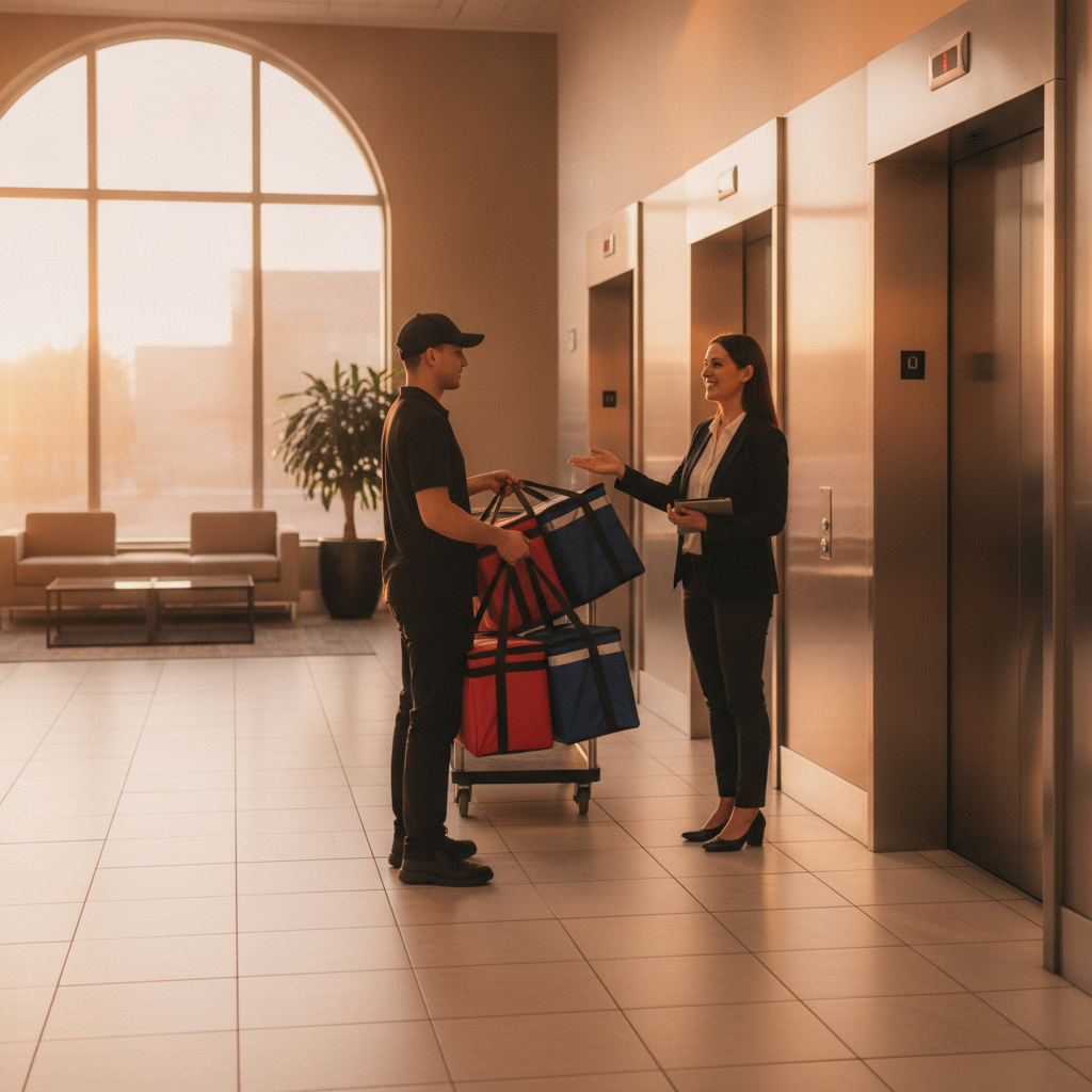Catering delivery handoff in an office lobby, illustrating smooth logistics for corporate catering in Woodbridge